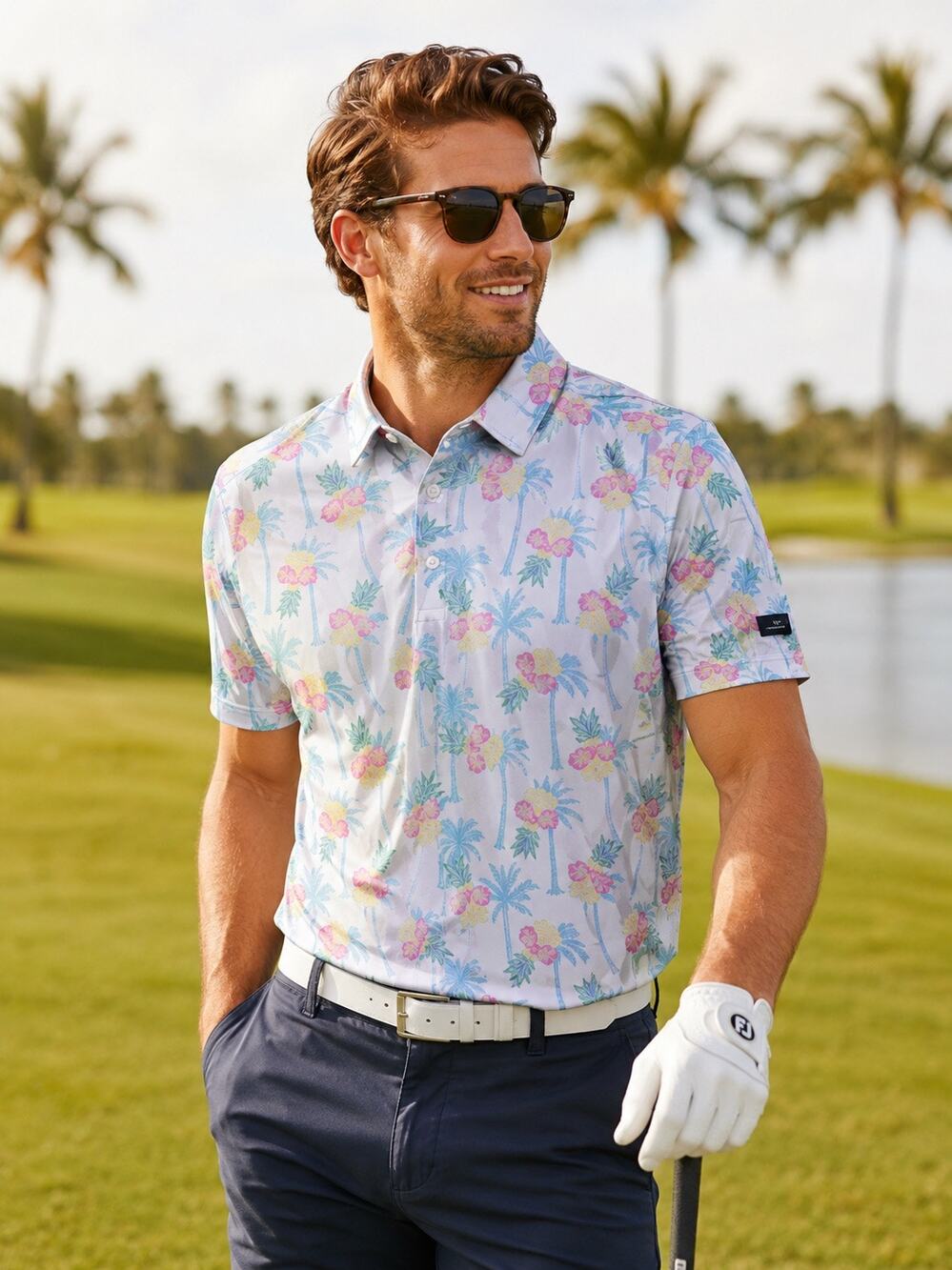 Sunday Swagger Shirt Mens M White Performance Golf Polo Palm Tree Print